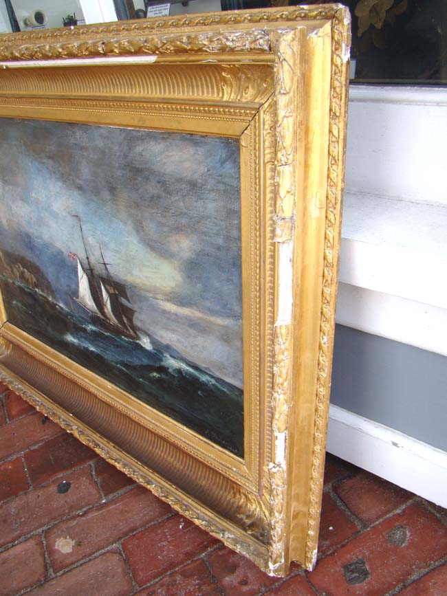 An oil painting on canvas of a Danish ship off the coast signed and dated "A. Probert 1905" — image 8